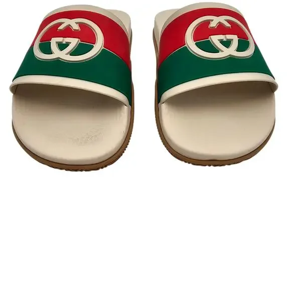 Gucci GG Slide Flat Pool Sandal White Red Green Web Stripe Rubber Size 40 US 10 - Picture 4 of 11